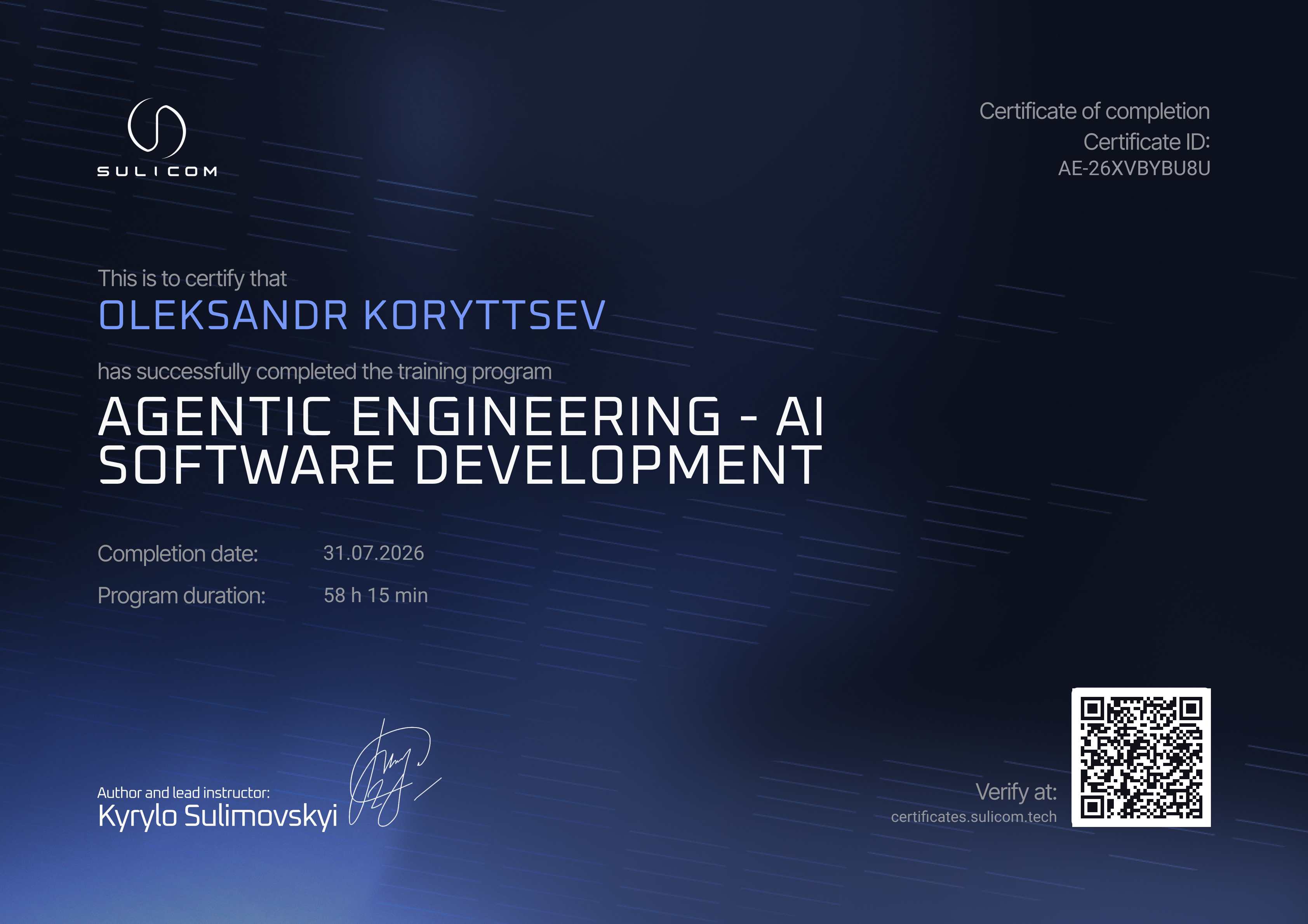 Certificate AE-26XVBYBU8U — Oleksandr Koryttsev